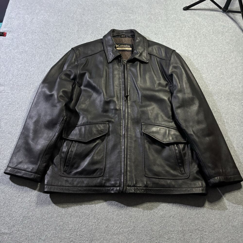 Columbia Sportswear Vintage Men XXL Black Leather Bomber Flight‎ Jacket Coat Y2K